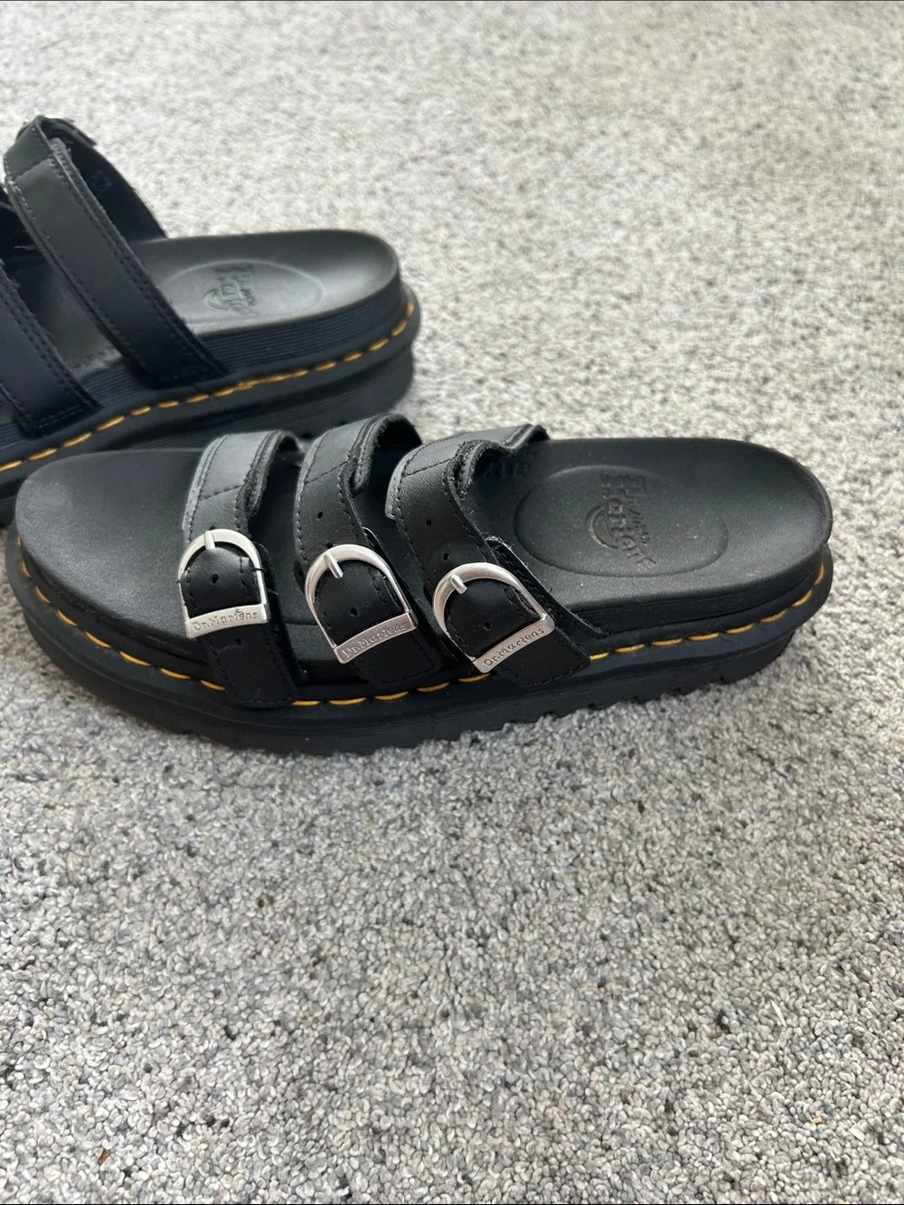 Dr. Martens Black Triple-Strap women’s  with Yellow Stitching